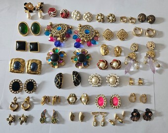 Vintage Clip On Earrings Huge Collection Bundle Joblot Gold Tone Plated Retro Dress Up Costume Jewellery