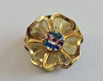 Broche Vintage Pâte De Verre écru Cristal Miel Irisé Sur Métal Doré - Modèle #K33, Occasion