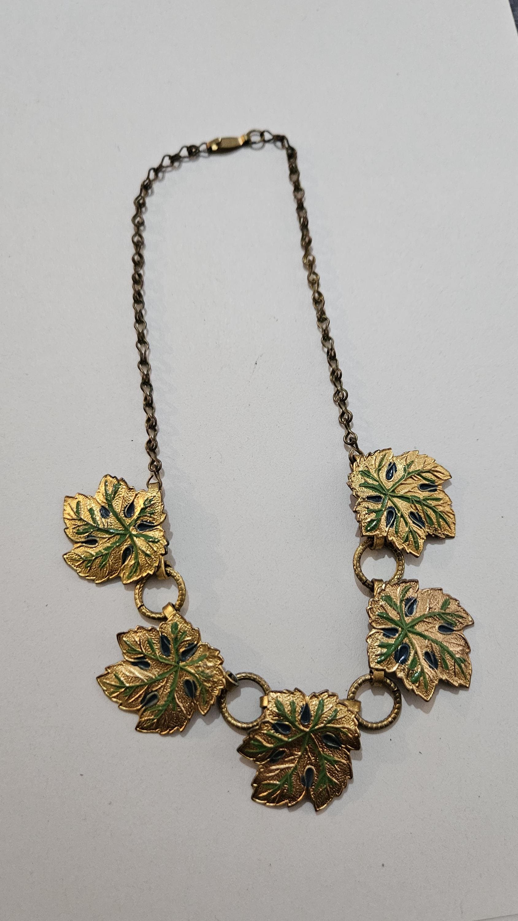 Vintage Art Deco Enamel Brass Leaf Statement Necklace 1920s  display picture 3
