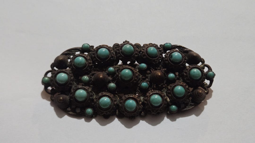 Antique Czech Neiger Style Turquoise Glass Brooch 1920s Art Deco