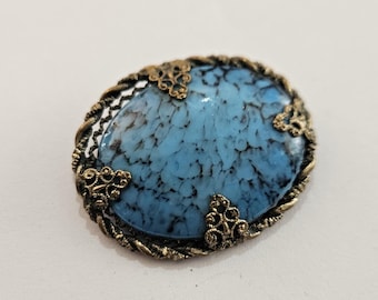 Broche Pâte De Verre Pékin Tchèque Turquoise - Filigrane Laiton Plaqué Or - Occasion