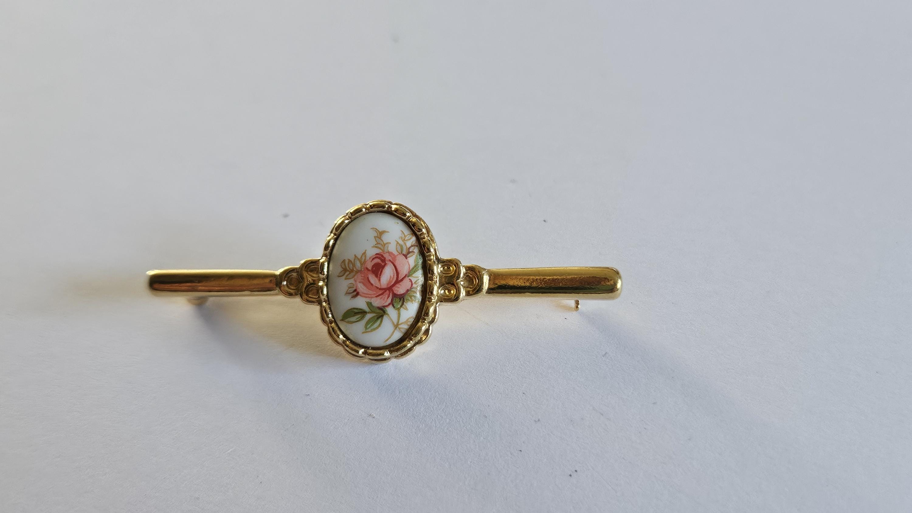 Broche Ancienne Métal Doré Et Céramique - Motif Fleurs - Bijou Vintage