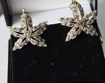 Vintage Silver Plated Marcasite Maple Leaf Clip On Earrings