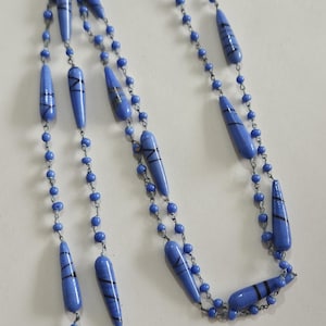Vintage Art Deco Blue Venetian Murano Glass End Of Day Flapper Bead Torpedo Necklace