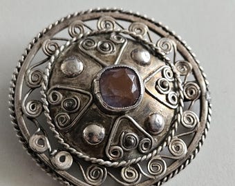 Victorian Antique Sterling Silver Large Intricate Upcycled Rare Saphiret Glass Brooch Pin Ornate