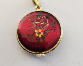 Vintage Bucherer Red Enamel Flower Swiss Made Pendant Watch-non working Vintage Bucherer Red Enamel Flower Gold Plated Swiss Made  main image 3