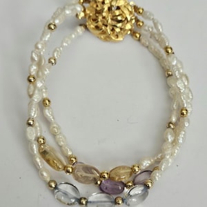 Vintage Rice Pearl Mixed Multi Gemstone Multistrand Gold Plated Clasp Bracelet