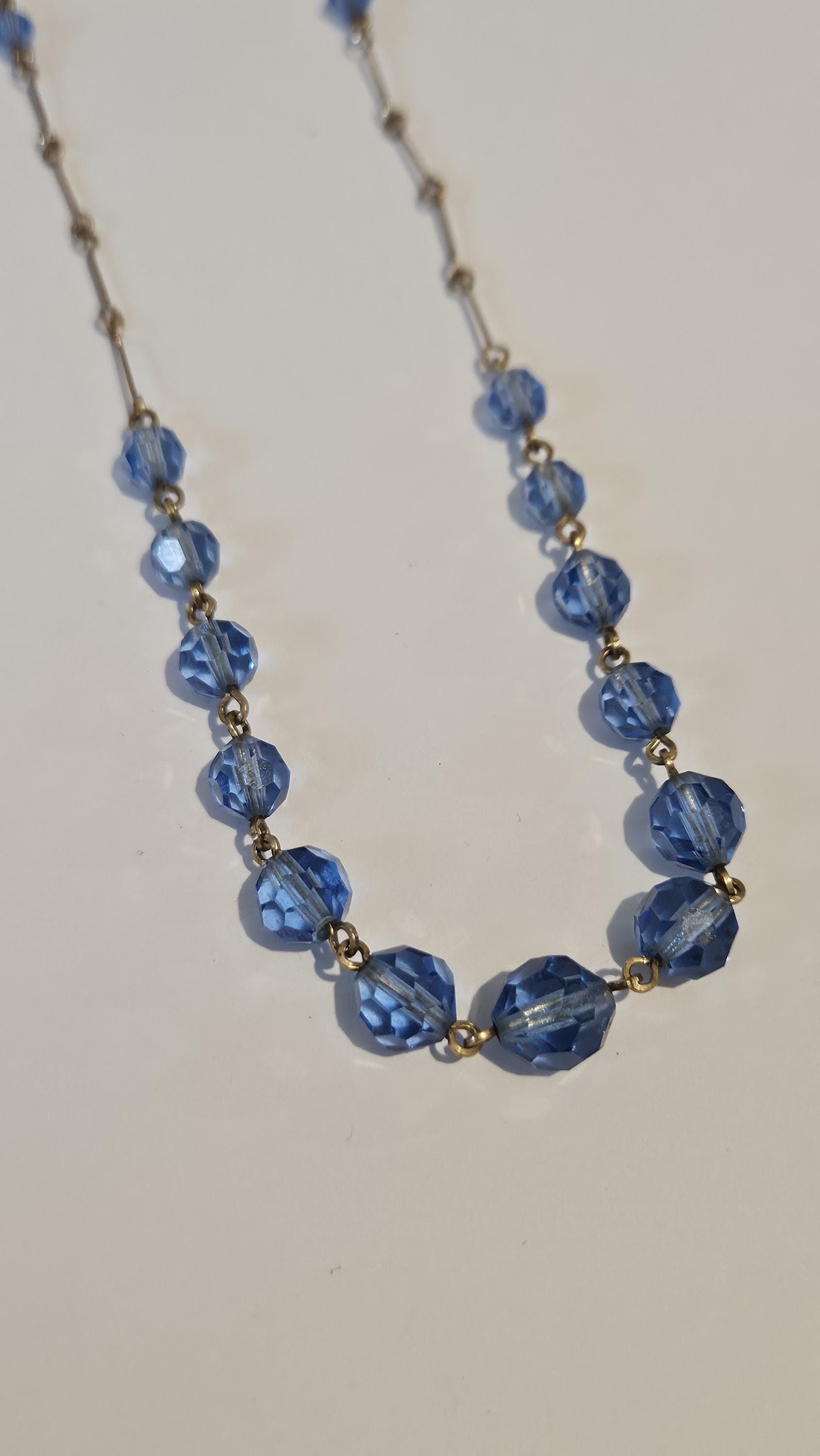 Collier Court Vintage Art Déco - Perles Facettées En Verre Ouraline Multicolore - Bijou Ancien