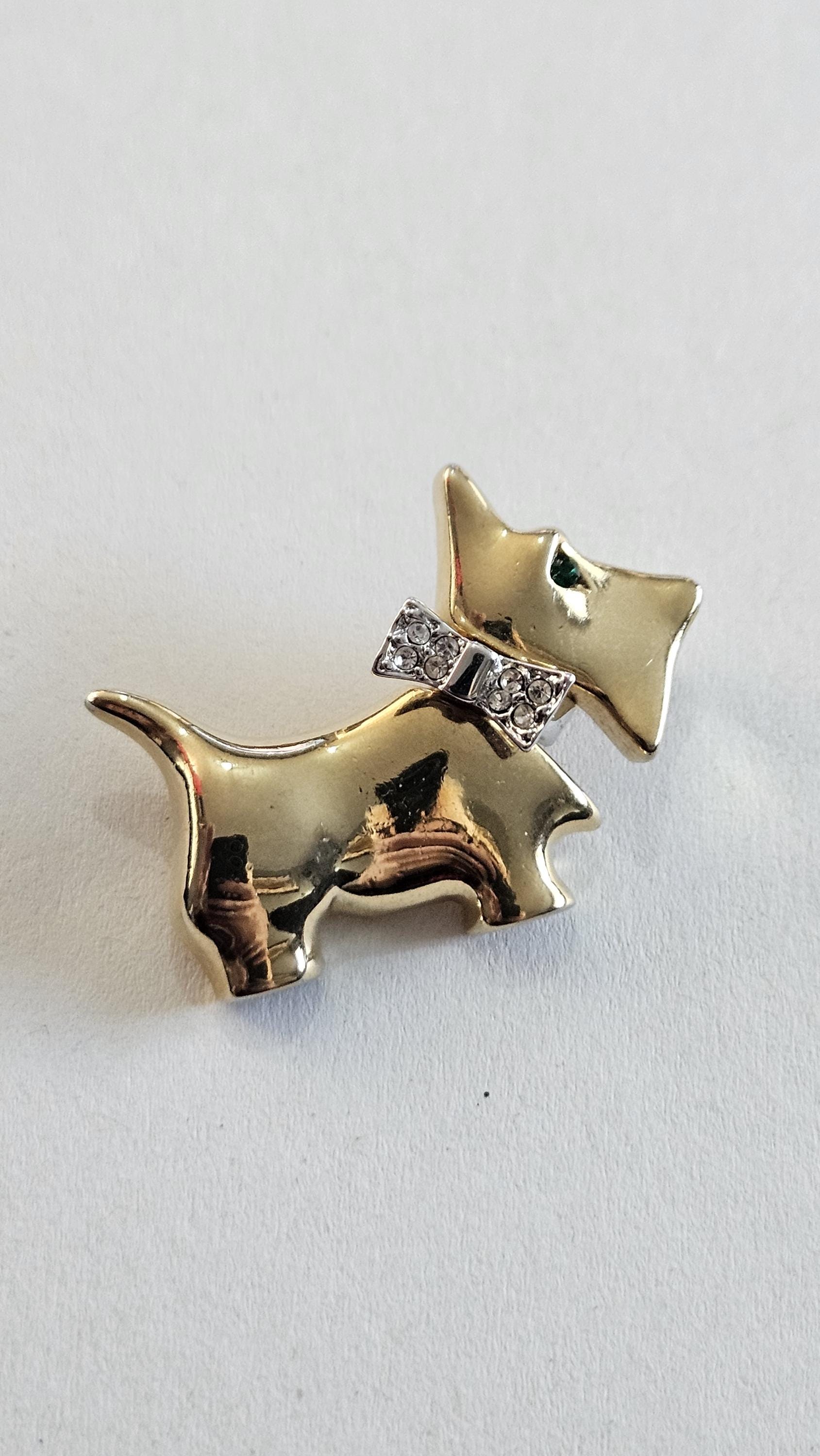 アンティーク レトロ ヴィンテージ ケンスケ・ササキ サイン入りフィギュアmm Vintage Signed Keyes Gold Plated Scottie Dog Diamante Brooch Pin
