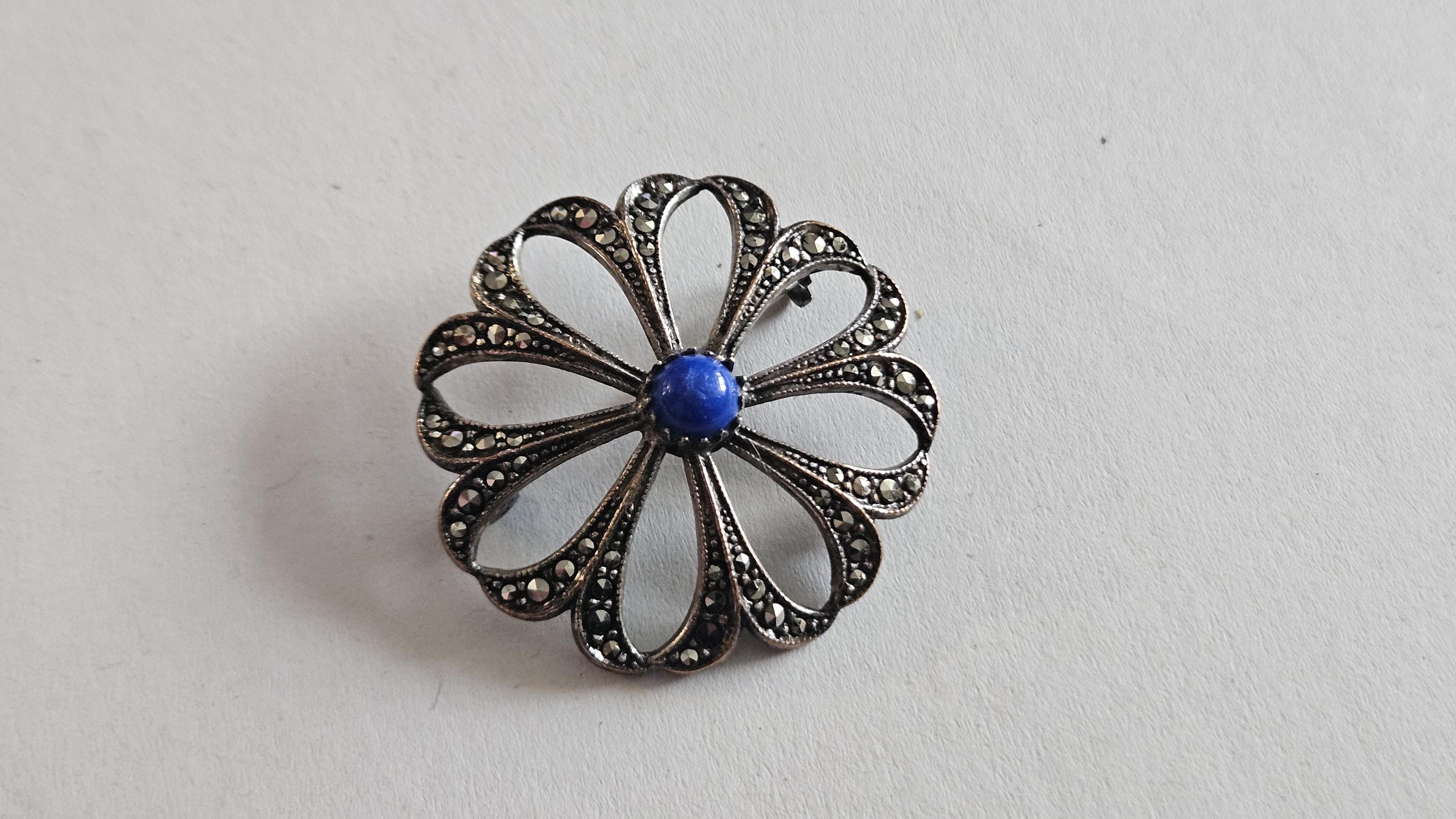 ANCIENNE BROCHE ART Déco Argent Filigrané Doré Incrusté De Marcassites