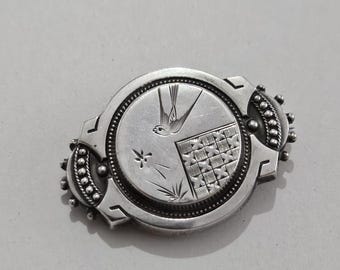 Antique Victorian Aesthetic Swallow Bird Mourning Brooch Pin Solid Silver