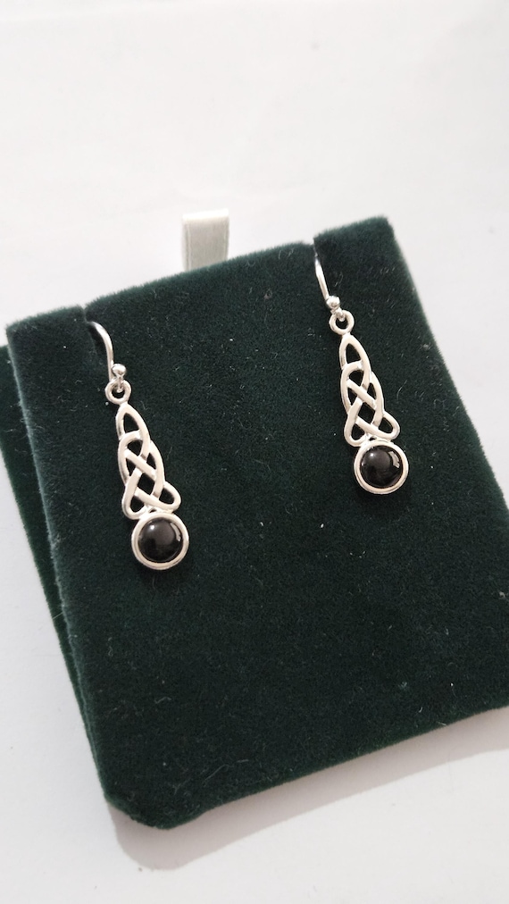 Sterling Silver Celtic Knot Drop Earrings, 925 Silver Trinity Knot Dangle Earrings, Black Onyx Cabochon Drop, Irish Celtic Jewellery