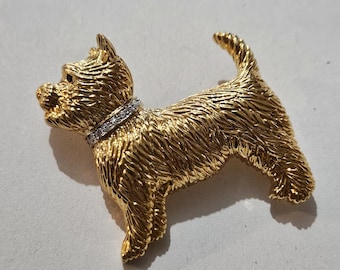 Vintage A Richard Gold Tone Terrier Dog Brooch Rhinestone Collar