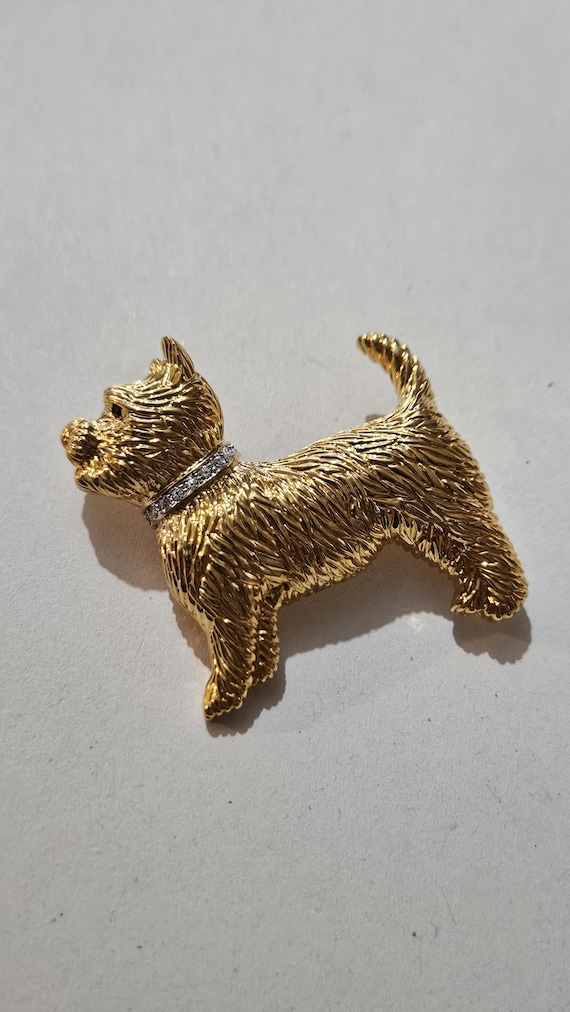 Vintage A Richard Gold Tone Terrier Dog Brooch Rhinestone Collar