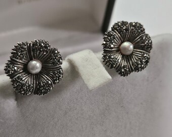 Vintage Sterling Silver Marcasite And Cultured Pearl Screwback Earrings