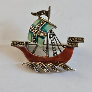 Vintage Marcasite & Enamel Boat Sail Ship Brooch pin