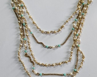 Vintage Art Deco Vergulde Faux Turquoise Glas & Parel Multi Strand Choker Verklaring Ketting