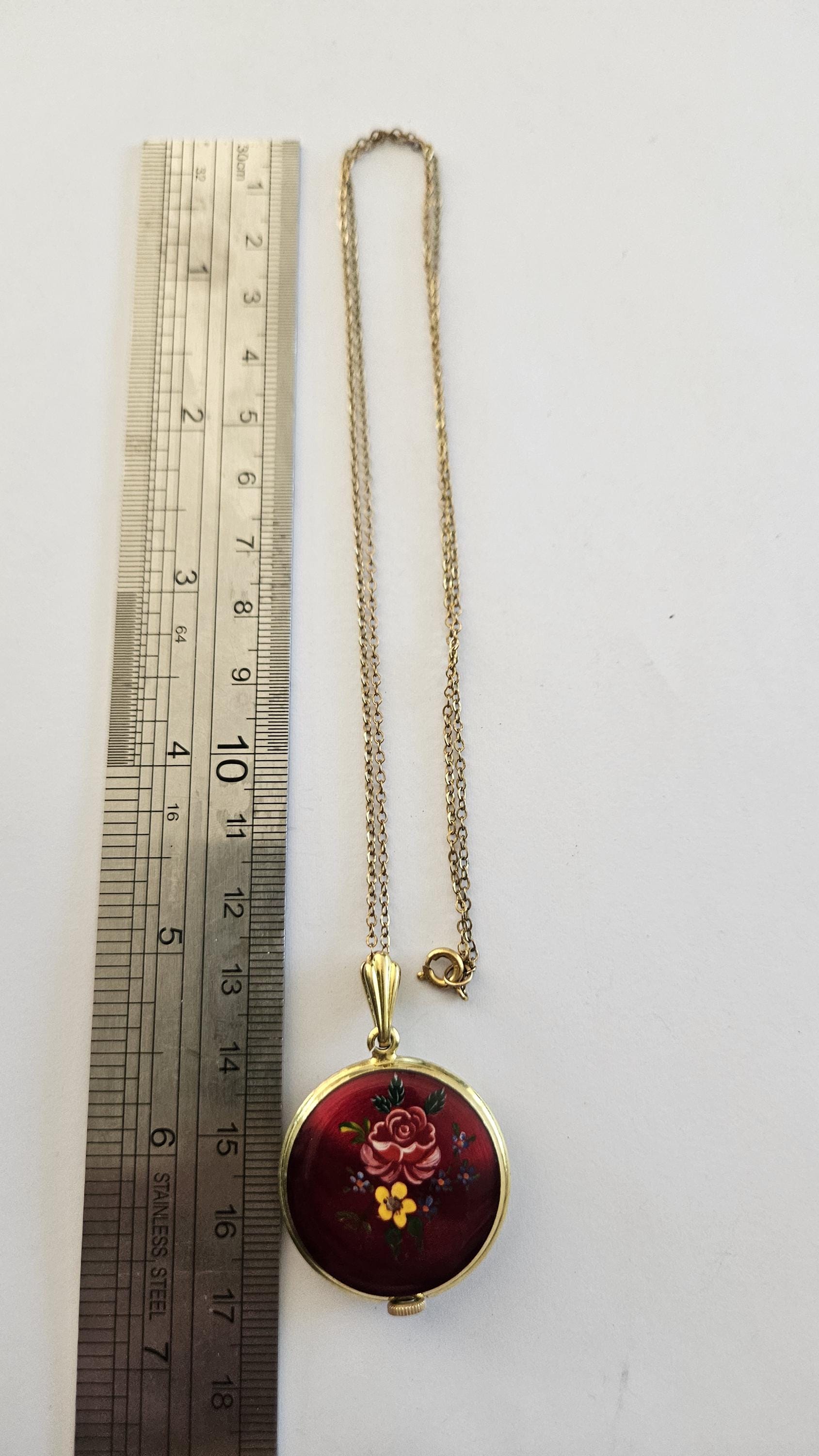 Vintage Bucherer Red Enamel Flower Swiss Made Pendant Watch-non working Vintage-Bucherer-Swiss-Pendant  main image 3