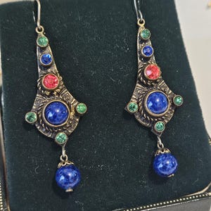 Vintage Art Deco Max Neiger Bronze Lapis Lazuli Glass & Paste Glass Drop Dangle Earrings