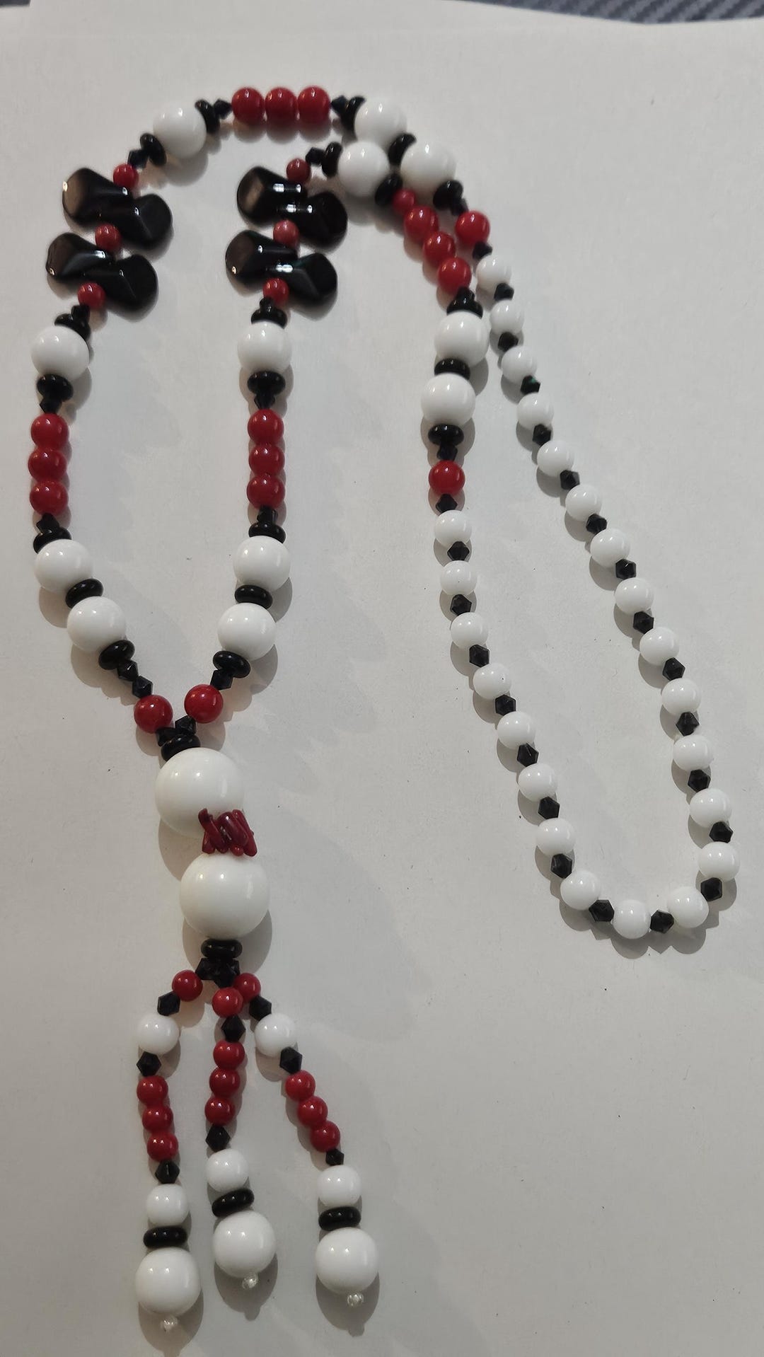 Vintage Czech Style Red White Black Long Glass Bead Tassel