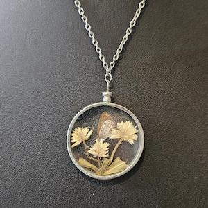 Könnte beinhalten: Halskette mit silberfarbener Kette und rundem Anhänger. Der Anhänger enthält getrocknete Blumen und einen Schmetterling, eingeschlossen in klarem Glas. Die Kette ist silberfarben.