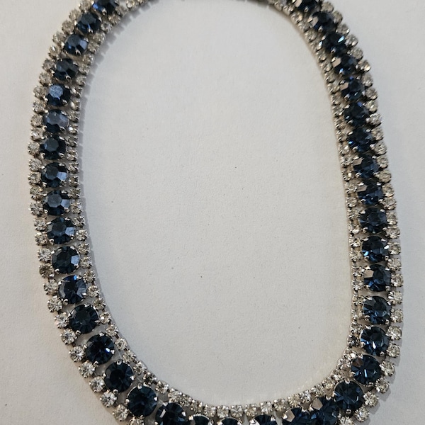 Vintage Royal Blue Sapphire Paste Glass Collar Diamante Statement Rhinestone Crystal Necklace