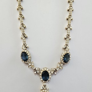 Vintage Attwood & Sawyer 22ct Gold Plated Sapphire Blue Princess Diamante Drop Pendant Necklace