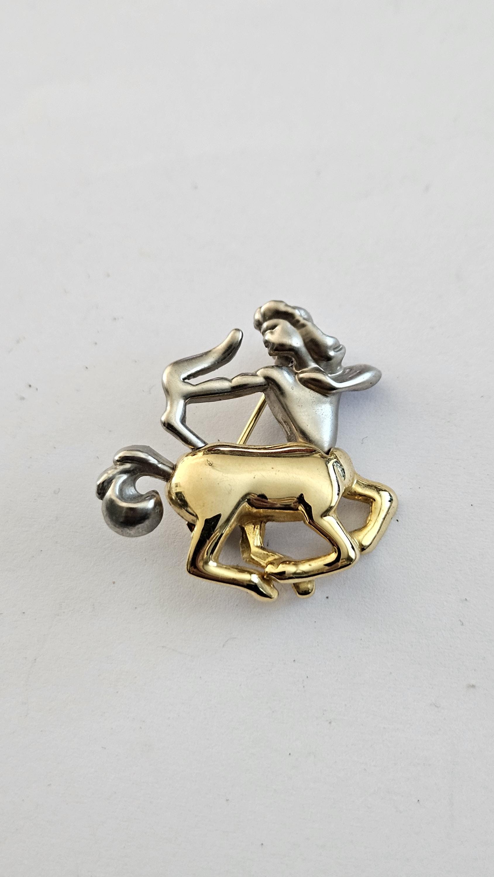 Vintage Sagittarius Zodiac Brooch - Two Tone Gold and Silver