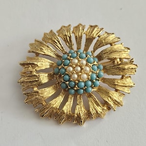 Vintage Gold Plated Turquoise Glass Seed Pearl Flower Brooch Pin