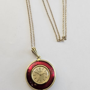 Vintage Bucherer Red Enamel Flower Gold Plated Swiss Made Pendant Watch Necklace