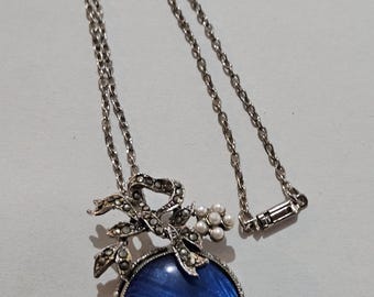 Vintage Signed Exquisite Morpho Butterfly Wing Pendant Necklace Faux Pearl