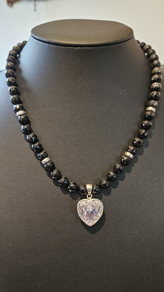 Black Onyx Bead Necklace with Sterling Silver 925 Heart Pendant – Faceted Beads Statement Jewellery Love