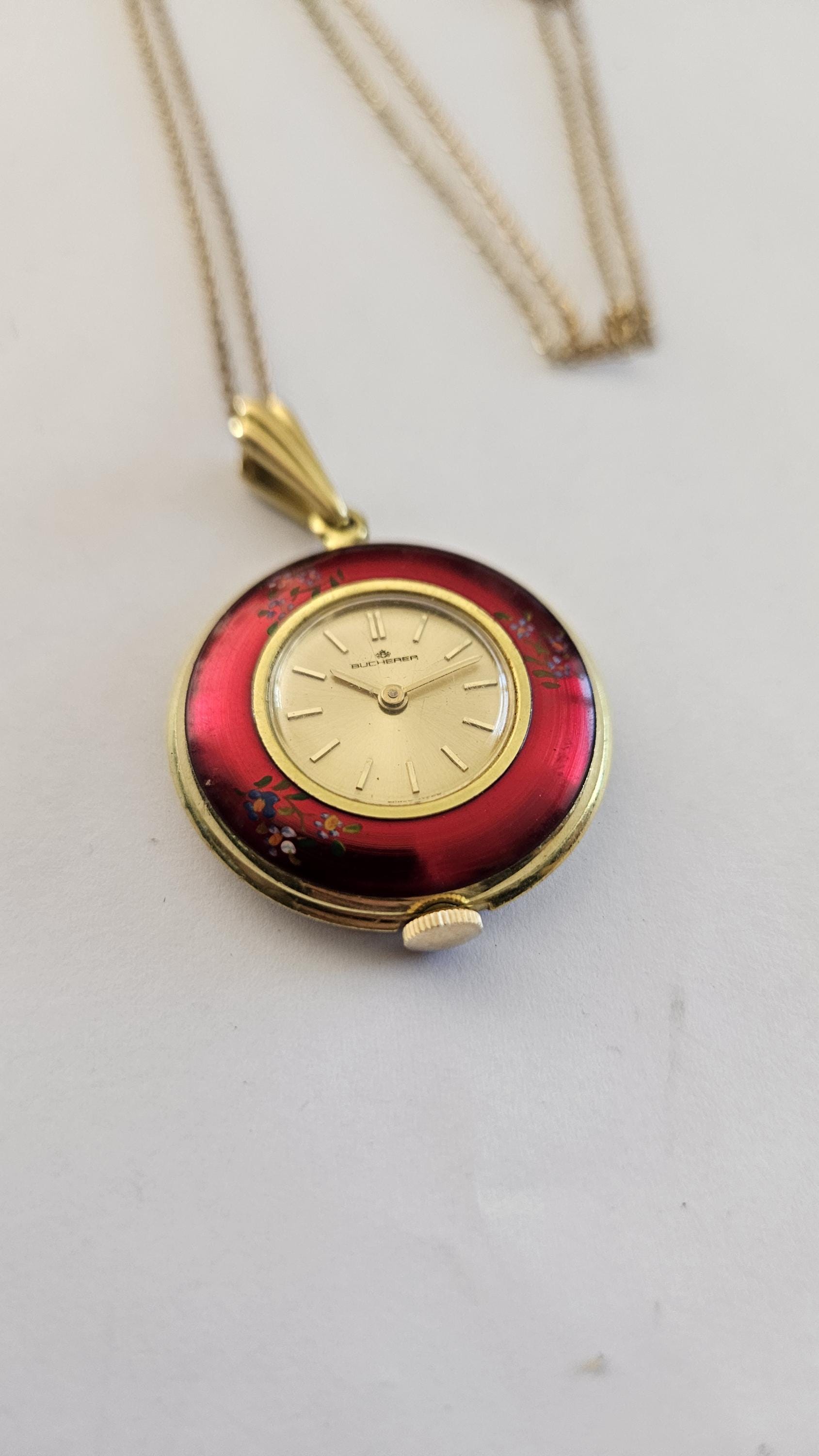Vintage Bucherer Red Enamel Flower Swiss Made Pendant Watch-non working Vintage-Bucherer-Swiss-Pendant  main image 4