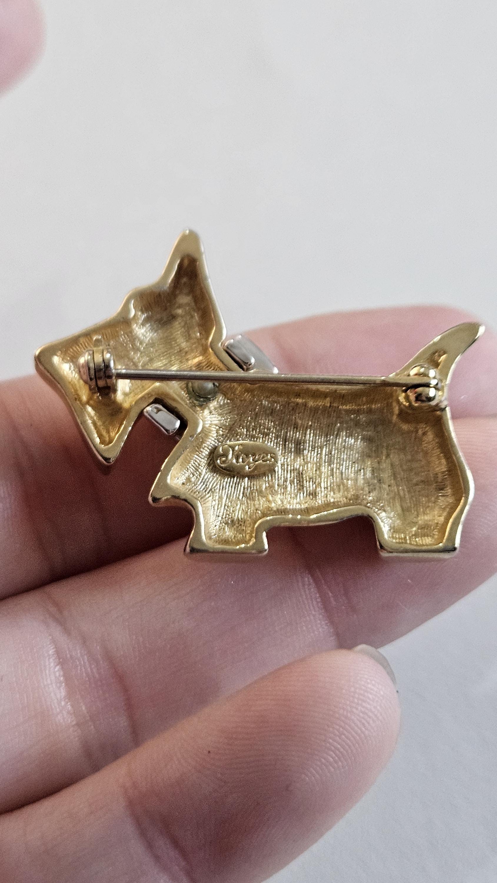 Vintage Signed Keyes Gold Plated Scottie Dog Diamante Brooch Pin