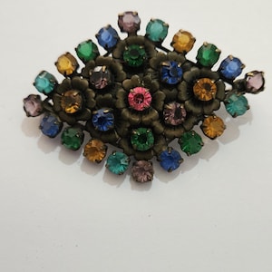 Vintage Art Deco Czech Multicoloured Paste Glass Large Ornate Brooch Pin