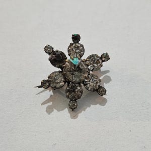 Op de afbeelding: Een broche in vintage-stijl in een sneeuwvlokontwerp. De broche heeft meerdere heldere, rondgeslepen strass-steentjes gezet in een donker metaal. De middelste steen is groter, met kleinere stenen die naar buiten stralen.