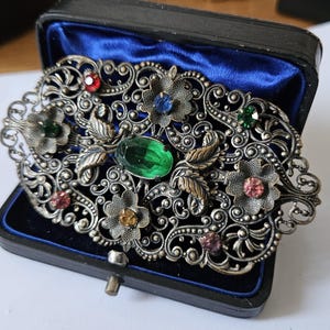 Vintage Art Deco Huge Filigree Czech Bohemian Paste Glass Brooch Pin Ornate