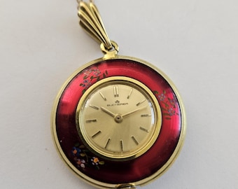 Vintage Bucherer Red Enamel Flower Gold Plated Swiss Made 
