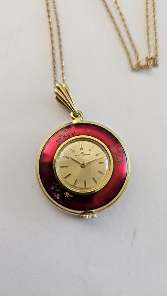 Vintage Bucherer Red Enamel Flower Gold Plated Swiss Made  display picture 1