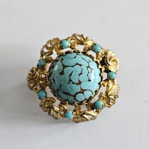 Vintage Art Deco Gold Tone Turquoise Glass Czech Brooch Pin