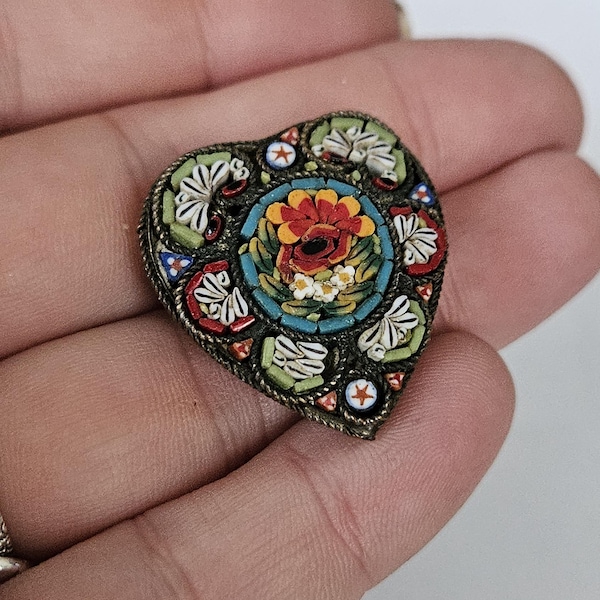 Antike Italienische Mikro Mosaik Herz Brosche Floral Glas Tesserae Grand Tour Vintage Mosaik Pin Romantischer Schmuck