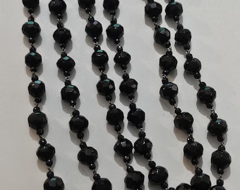 Antique Victorian Black Glass Muff Chain Necklace Long Faceted Bead Chain Dog Clip Clasp Jet Style Necklace
