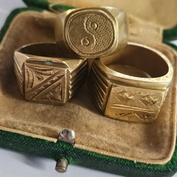 Vintage Mens Brass Signet Rings All Marked 750 18k But are Brass Bundle of 3