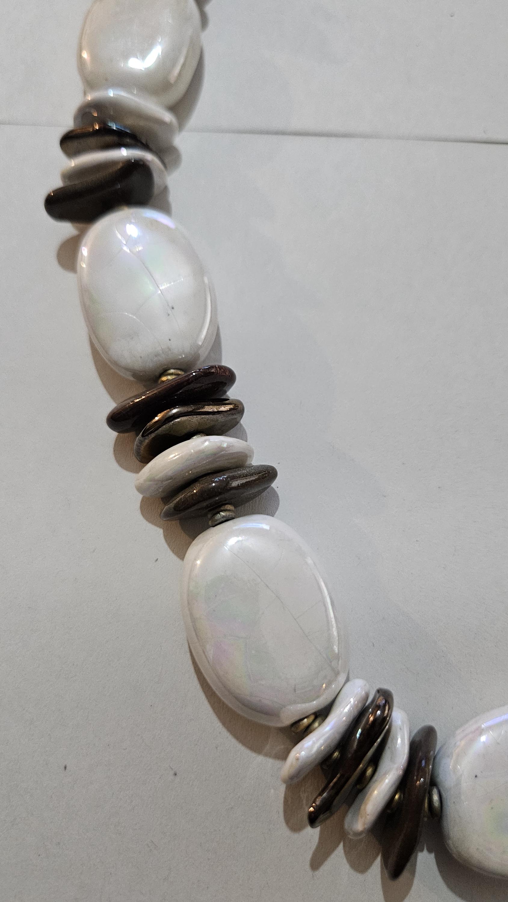 Vintage African Kazuri Iridescent Ceramic Bead Necklace Huge Long
