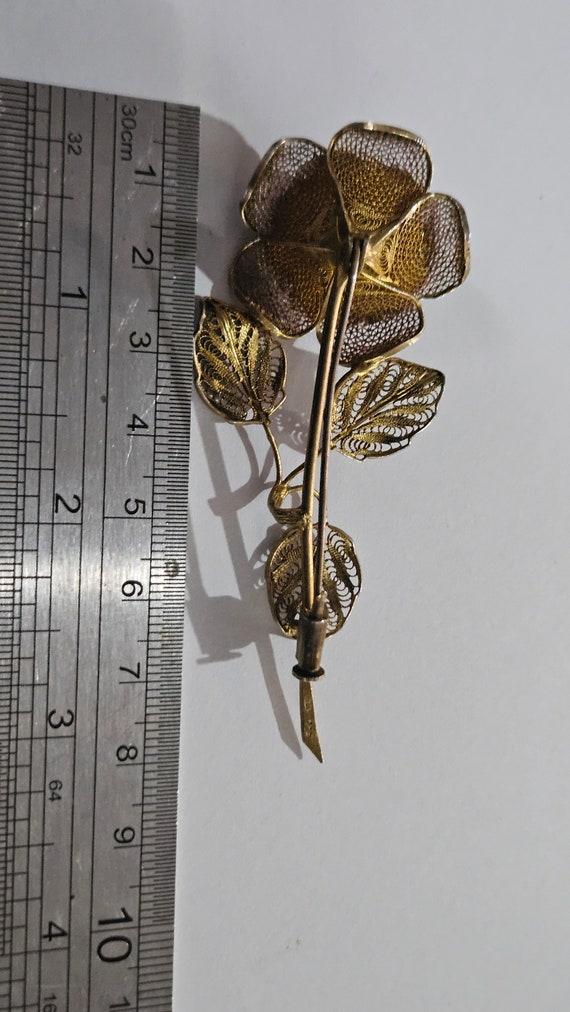 Broche Vintage Fleur En Argent Vermeil Filigrané - Avec Poinçons - Bijou Ancien