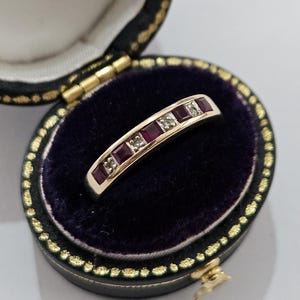 Vintage 9ct Gold Ruby & Diamond Eternity Ring, 375 Gold Channel Set Ruby Band, Dainty Stacking Ring, July Birthstone Ring UK