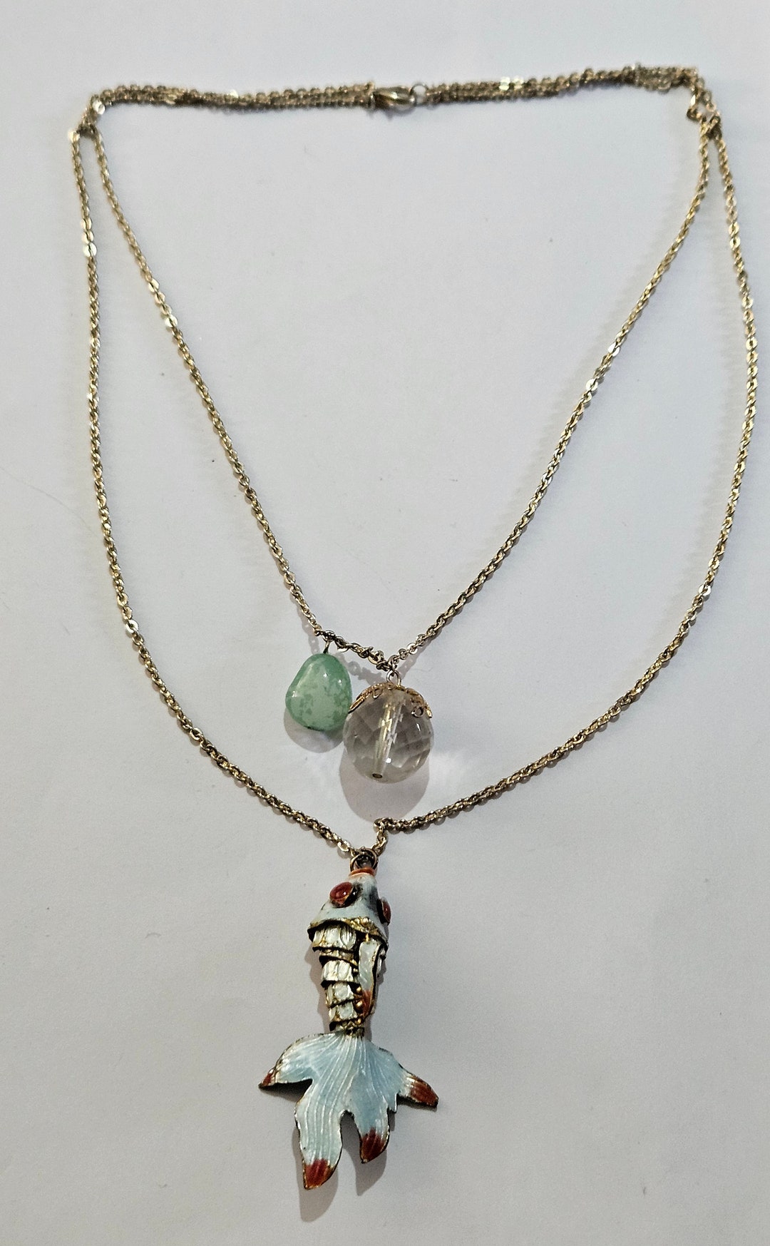 Vintage Cloisonne Enamel Articulated Fish Pendant Necklace Crystal ...