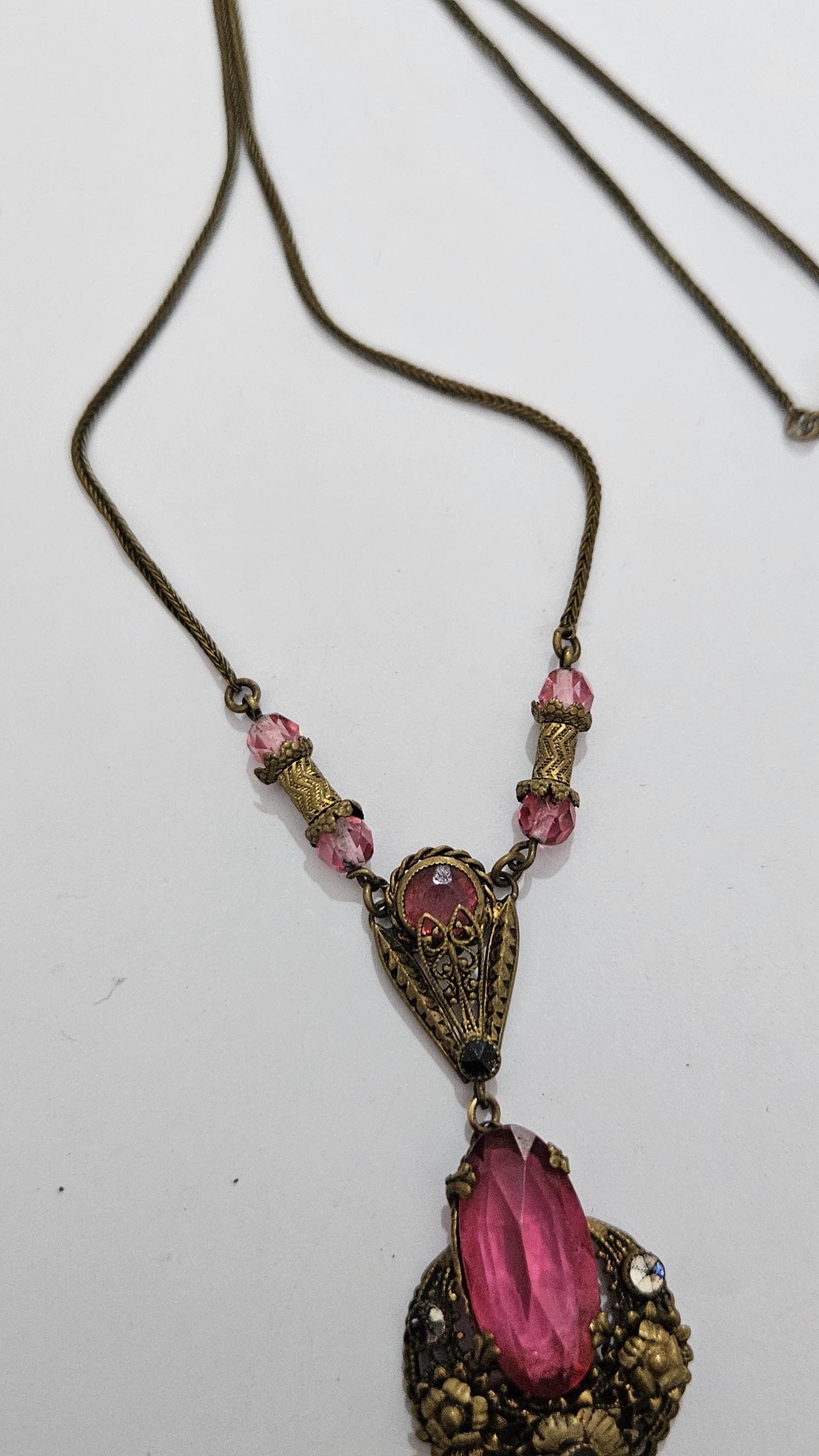 Vintage Art Deco Czech Bohemian Pink Glass Marcasite Filigree Drop