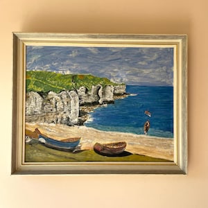 Vintage original oil painting, coastal scene painting, original framed art