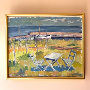 Vintage Swedish Original Coastal Oil Painting 1946, Scandinavian Mid Century Signed Framed Antique Art